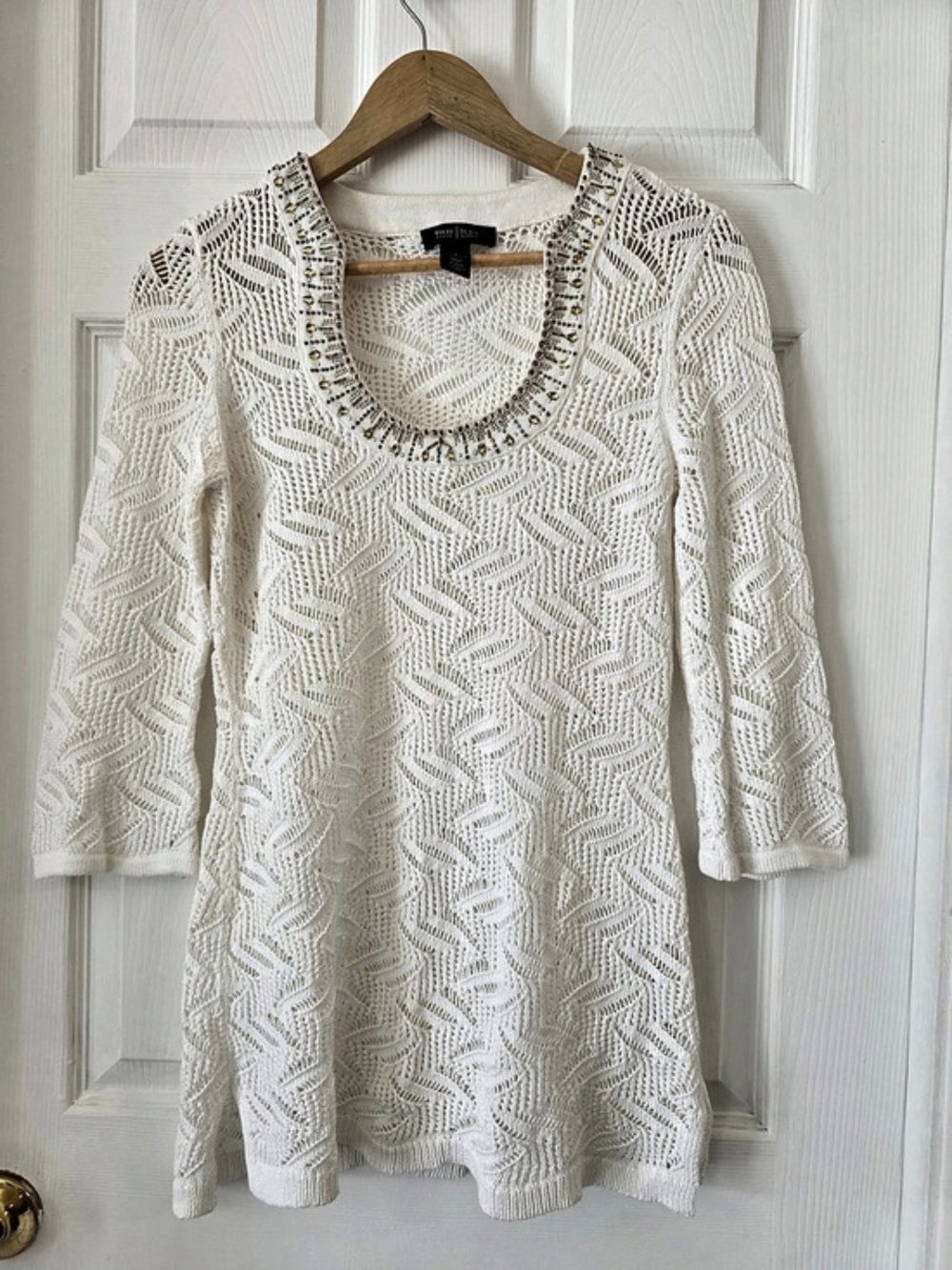 White House Black Market White Beaded Crochet Knit Sweater Womens S 3/4 Sleeve